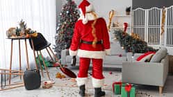 Ein Weihnachtsmann mit einer Pulle in der Hand steht vor einem verwüsteten Wohnzimmer