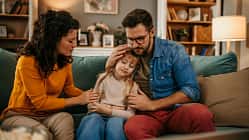 Mutter und Vater sitzen auf dem Sofa und trösten ihre traurige Tochter