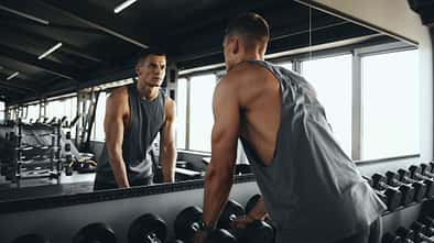 Horizontal,Photo,Of,Attractive,Bodybuilder,Man,In,Sportswear,Looking,In