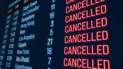 Close up arrival departure board, cancelled flight, flight table.