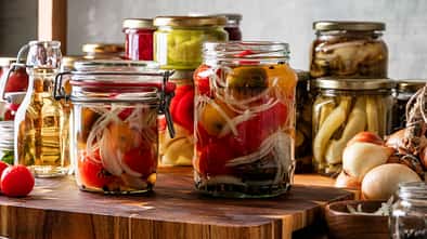 Gläser mit eingelegten Tomaten, Gurken und Zwiebeln