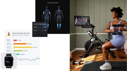Mit Peloton Bikes kannst du an virtuellen Fitnesskursen teilnehmen. Mit Peloton Bikes kannst du an virtuellen Fitnesskursen teilnehmen.