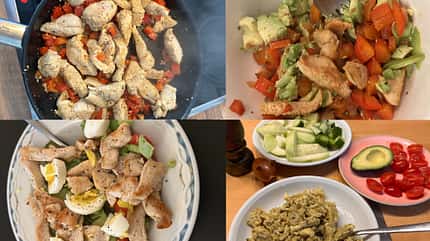 Einige von Benkas Speisen: Viel Hähnchen, Avocado, Gemüse und Rührei Einige von Benkas Speisen: Viel Hähnchen, Avocado, Gemüse und Rührei