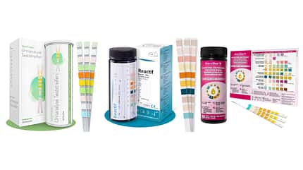 One+Step Urin Teststreifen für 10 Indikatoren (links, ca. 20 Euro), Reactif Gesundheitstest: Urintest 10 Parameter (mittig, ca. 16 Euro), MediVinius® Urinanalyse Teststreifen (rechts, ca. 14 Euro) One+Step Urin Teststreifen für 10 Indikatoren (links, ca. 20 Euro), Reactif Gesundheitstest: Urintest 10 Parameter (mittig, ca. 16 Euro), MediVinius® Urinanalyse Teststreifen (rechts, ca. 14 Euro)