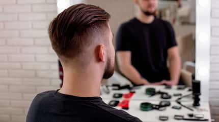 handsome,beard,young,hairdressing,whisker,back,undercut,haircut, Brunette,Man,With,Stylish,Haircut,On,Barbershop,Background