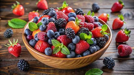 color,shadow,fruit,snack,berries,bowl,summer,red,mint,rustic,lea A,Wooden,Bowl,Filled,With,A,Variety,Of,Fresh,Berries,