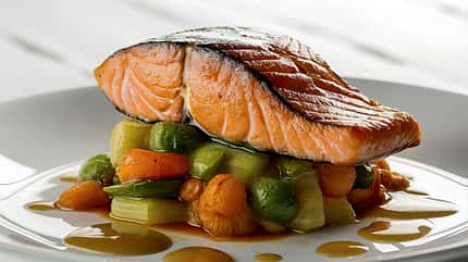 lunch,gourmet,sauce,norwegian,red,mediterranean food,balance,whi Cooked,Salmon,Steak,,Rested,Atop,A,Pillow,Of,Tender,,Stewed