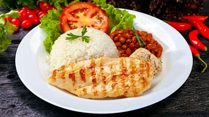 lunch,salad,gourmet,white background,beef,white,brazilian lunch, Rice,Beans,Grilled,Chicken,Steak,Salad,And,Farofa