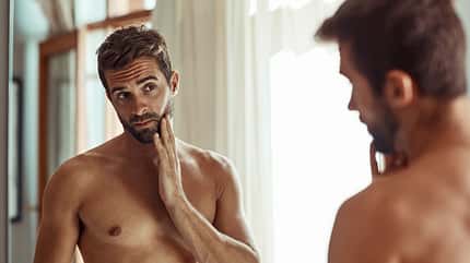 caucasian,focus,reflecting,inside,domestic,towel,hygiene,serious Keeping,A,Close,Eye,On,Any,Signs,Of,Aging.,Shot