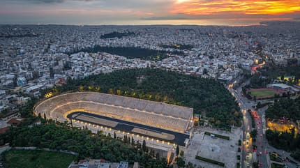 Aerial view of the Panathinaic stadium in Athens, Greece at sunset Aerial view of the Panathinaic stadium in Athens, Greece at sunset