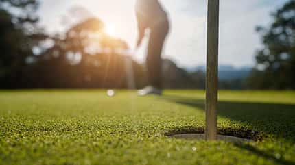 Golfer putting ball on the green golf, lens flare on sun set evening time. Golfer putting ball on the green golf, lens flare on sun set evening time.