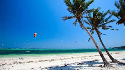 Tropische Strandlandschaft mit Kitesurfern Tropische Strandlandschaft mit Kitesurfern