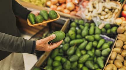 Ein Mann wählt verschiedene Avocados Ein Mann wählt verschiedene Avocados