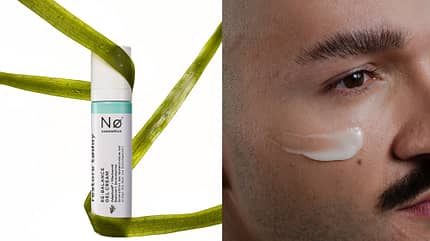 Mann mit Creme auf der Wange, daneben ein Packshot von einer Creme von NØ COSMETICS