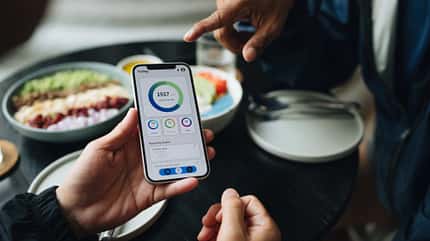 Nahaufnahme von zwei Männern, die nach dem Training die Kalorienzähler-App auf ihren Smartphones überprüfen Nahaufnahme von zwei Männern, die nach dem Training die Kalorienzähler-App auf ihren Smartphones überprüfen