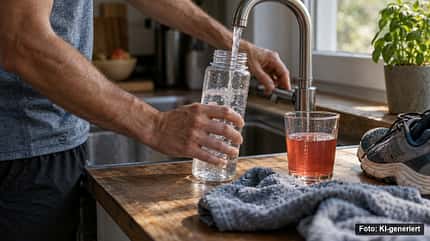Ein Sportler füllt nach dem Training eine Trinkflasche mit Wasser. Ein Sportler füllt nach dem Training eine Trinkflasche mit Wasser.