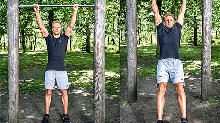 Muscle-Up Schritt 1-2: Stange greifen und mit getreckten Beinen nach vorn schwingen Muscle-Up Schritt 1-2: Stange greifen und mit getreckten Beinen nach vorn schwingen