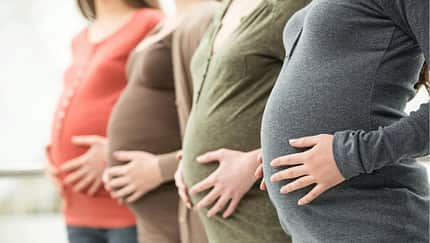 Vier schwangere Frauen, die ihre Hände auf den Bauch gelegt haben