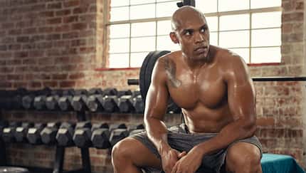 Shirtless,African,Sportsman,Resting,After,Training,At,Gym.,Mature,Muscular
