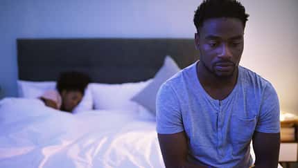 Black,Couple,,Bedroom,And,Man,With,A,Problem,At,Night