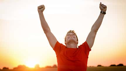 Successful,Man,Raising,Arms,After,Cross,Track,Running,On,Summer