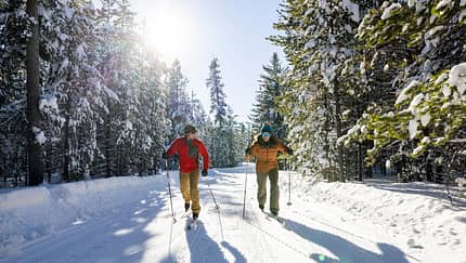 A couple cross country skiing on a beautiful winter day.