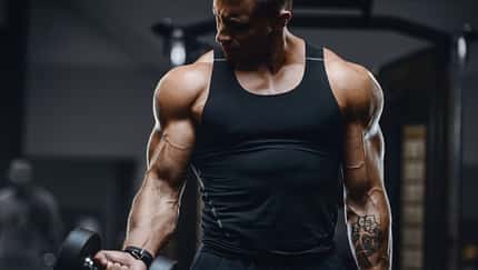 Ein muskulöser Mann hebt eine Hantel Ein muskulöser Mann hebt eine Hantel