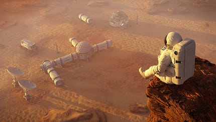 3d,view,habitat,mars,space,base,planet,landscape,colony,sunrise,surface,outer,martian,future,fiction,expedition,spaceman,cosmos,sci-fi,spacesuit,edge,rock,ground,scenic,top astronaut on planet Mars, sitting on a cliff above a research station (3d space rendering)