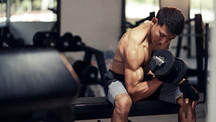 Asian,Man,Shirtless,Workout,Weight,Training,Biceps,Muscles,With,Dumbbell