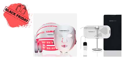 Verschiedene Black Friday Deals bei Currentbody: Ein Helm für Haarwachstum und eine Saunadecke vor weißem Hintergrund