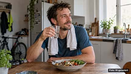 Freizeitsportler sitzt nach dem Training mit Wasser und einer Mahlzeit in der Küche. Freizeitsportler sitzt nach dem Training mit Wasser und einer Mahlzeit in der Küche.