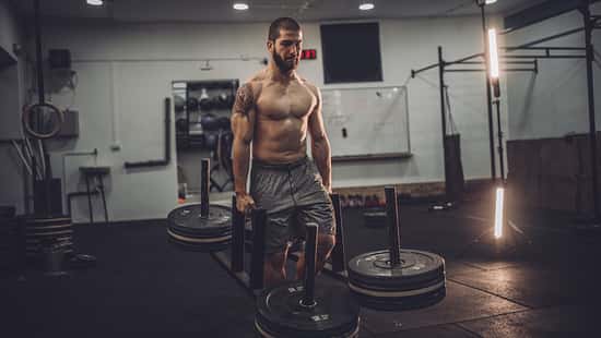 Bodybuilder exercising with weights in the gym