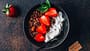yogurt,nut,cacao,white,protein,spoon,grain,energy,fiber,glass,na Chocolate,Granola,With,Irish,Skyr,And,Strawberries,On,Dark,Background.