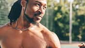 Young and healthy athletic man is exercising outdoors in Summer shirtless Young and healthy athletic man is exercising outdoors in Summer shirtless