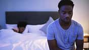 Black,Couple,,Bedroom,And,Man,With,A,Problem,At,Night