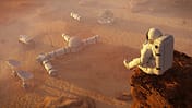 astronaut on planet Mars, sitting on a cliff above a research station  (3d space rendering)
