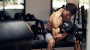 Asian,Man,Shirtless,Workout,Weight,Training,Biceps,Muscles,With,Dumbbell