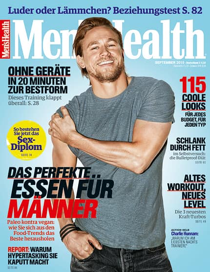 Das Men's Health-Cover der September-Ausgabe 2015 mit Titelheld Charlie Hunnam Das Men's Health-Cover der September-Ausgabe 2015 mit Titelheld Charlie Hunnam